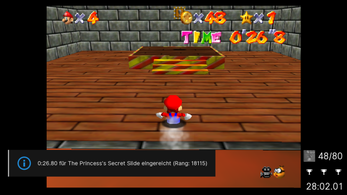 Zahlreiche Spiele verfügen über eine Ranglistenfunktion, die situationsbedingt ausgelöst wird. Ein Beispiel ist die geheime Rutsche im Schloss von Prinzessin Peach in Super Mario 64. (Bild: Nintendo / Screenshot: Medienagentur Plassma)